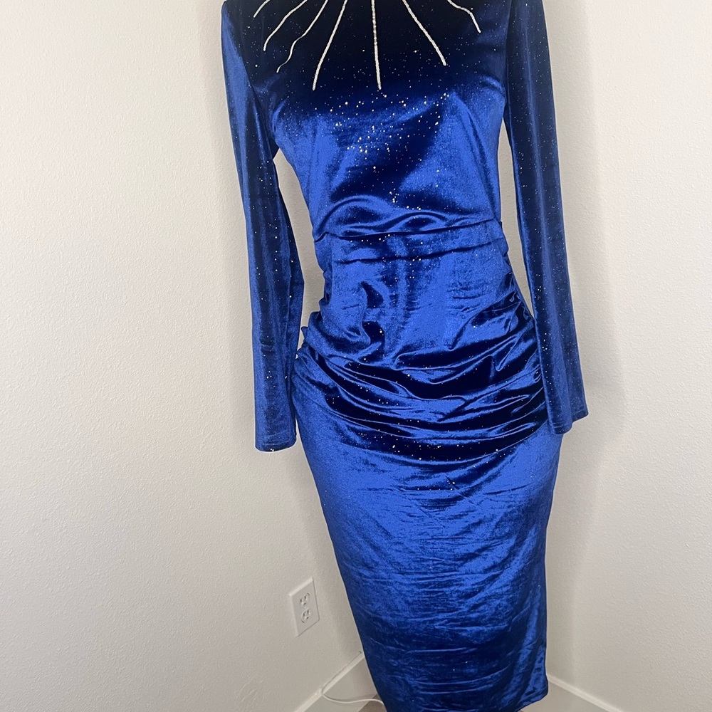 SHEIN Blue Midi Ruched Sheath Dress with Long Sleeves